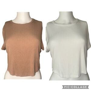 Juniors sz Large t shirt set white & beige ribbed short sleeve cropped t shirts